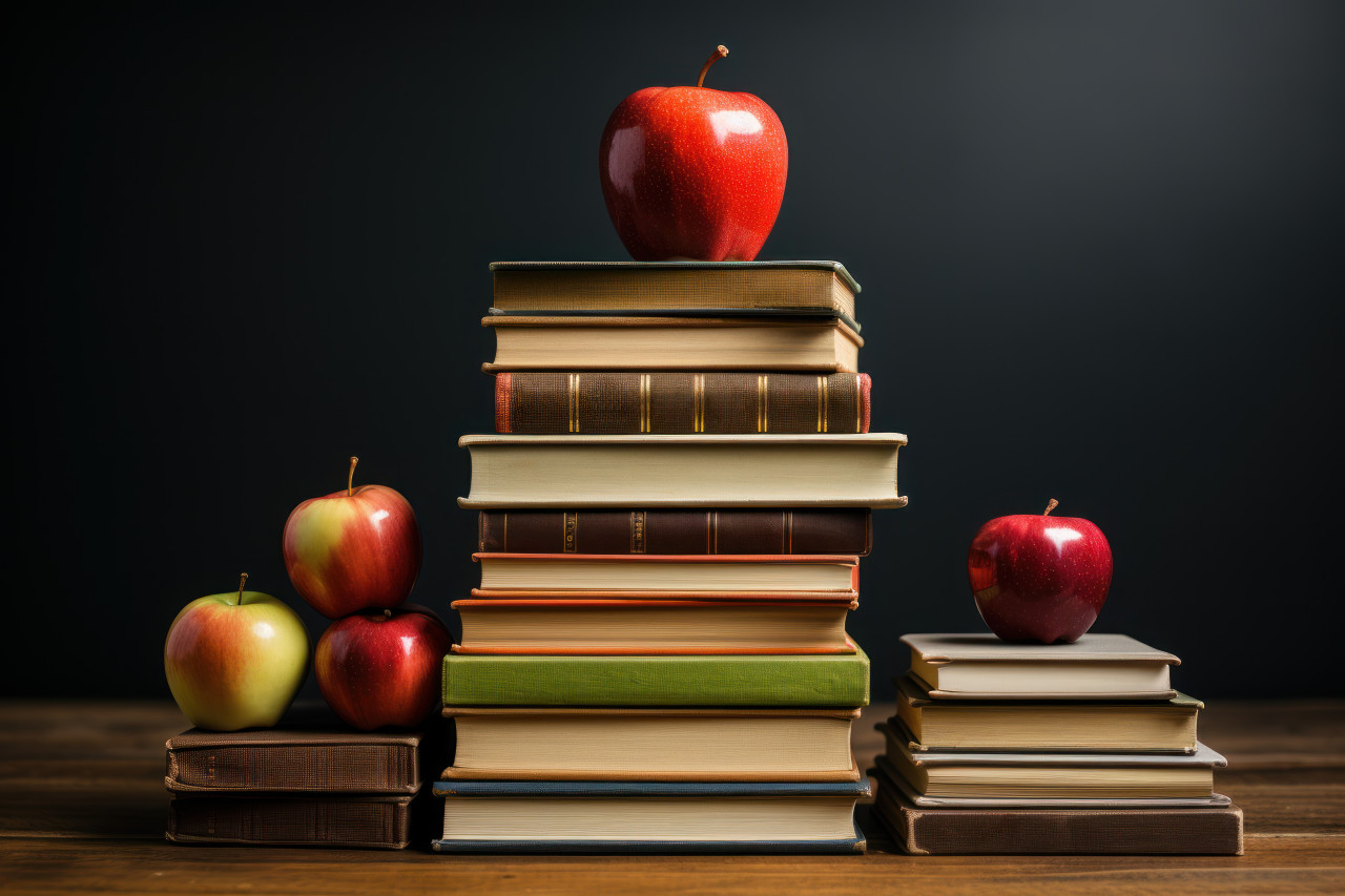 A pile of books with a tasty apple on the summit, education pictures for website