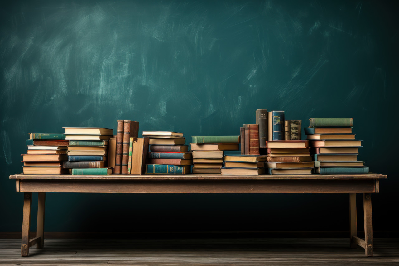 Books stacked by a vibrant green chalkboard, education pictures for website