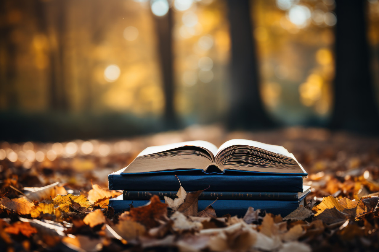 Open books resting on a log with colorful autumn leaves, education pictures for website