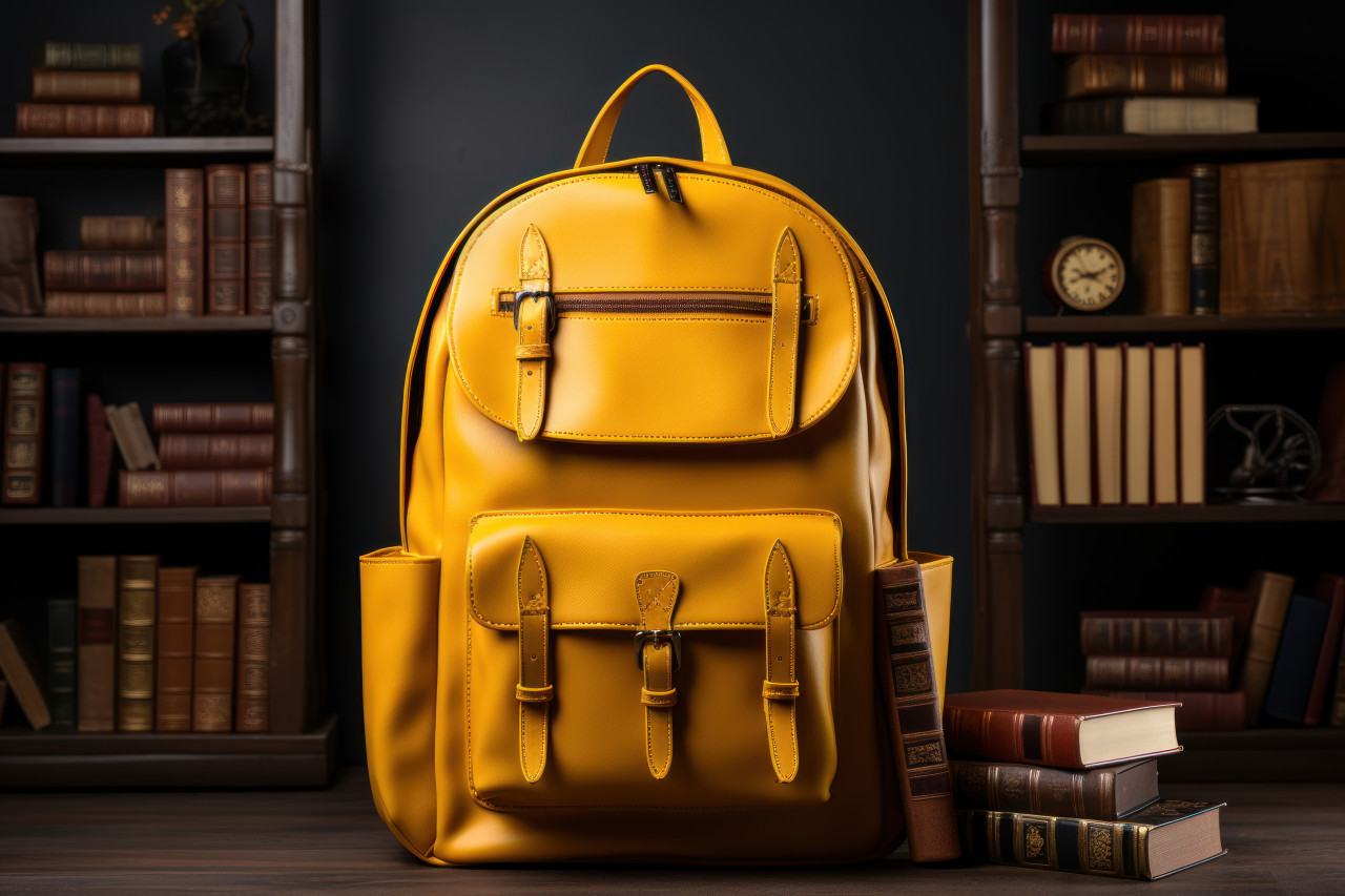A cheerful yellow backpack amongst books, education pictures for website