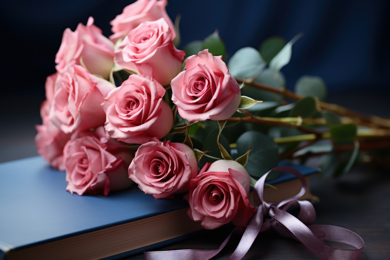 Celebrating teacher day with notebooks and roses, educational picture