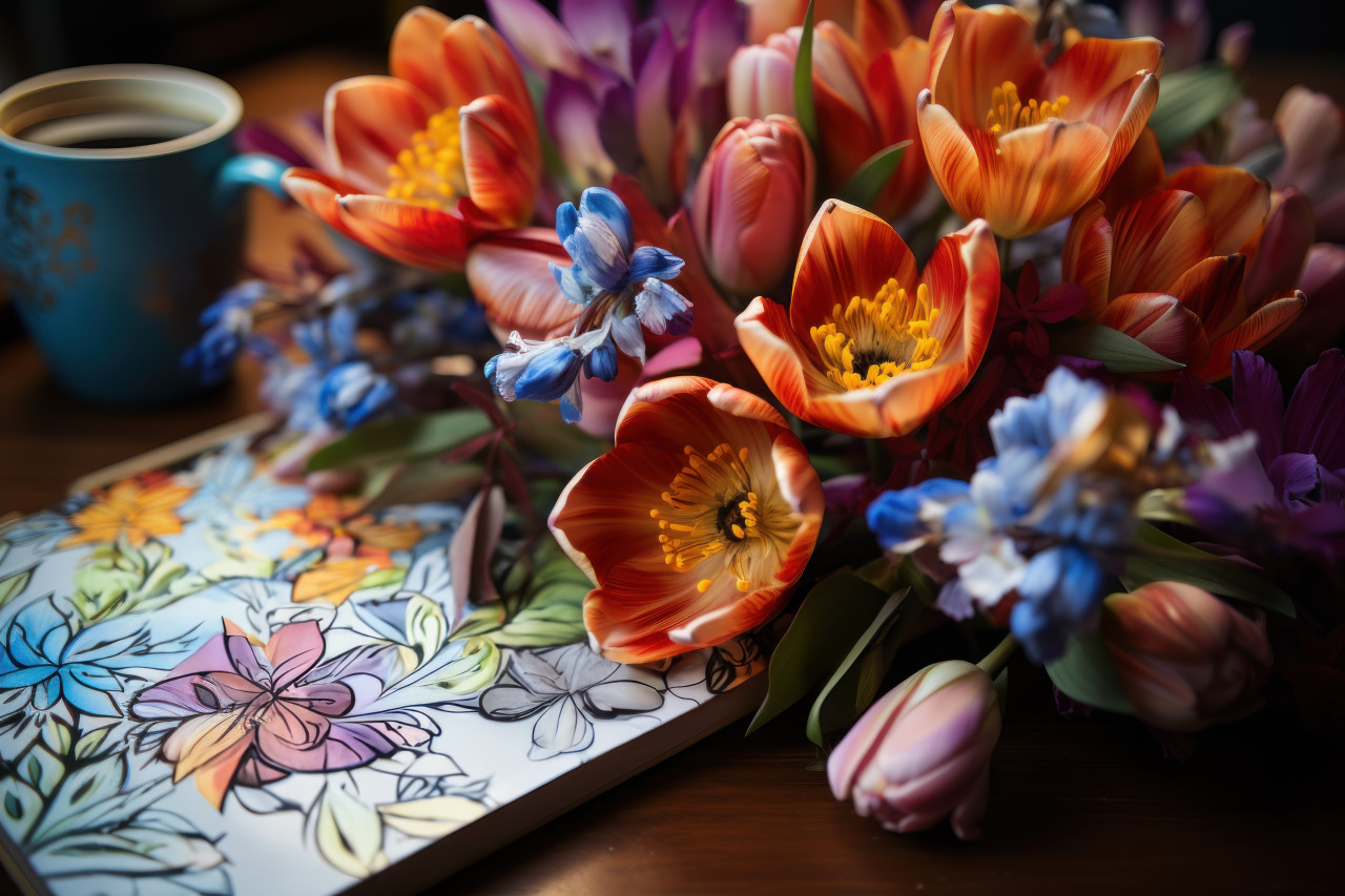 A cheerful scene with tulips pencils and a coffee notebook to brighten your day, educational picture