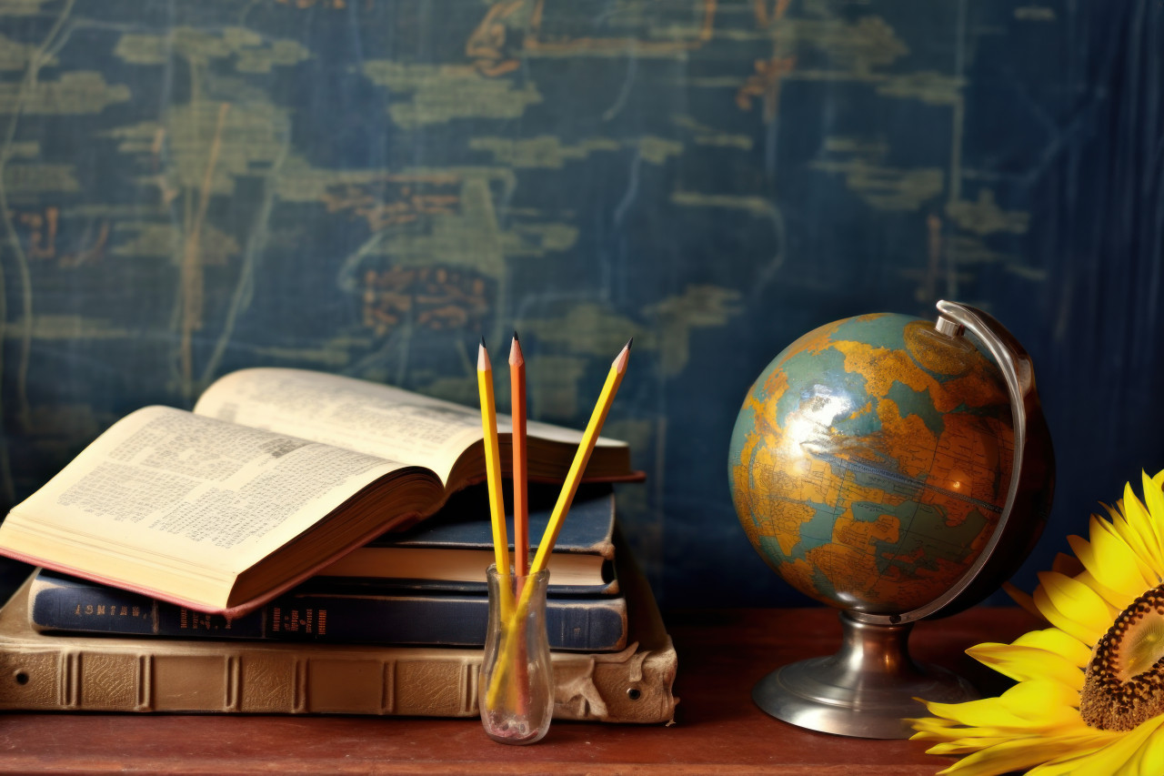 Flowers books and globe for teacher day celebration, educational picture
