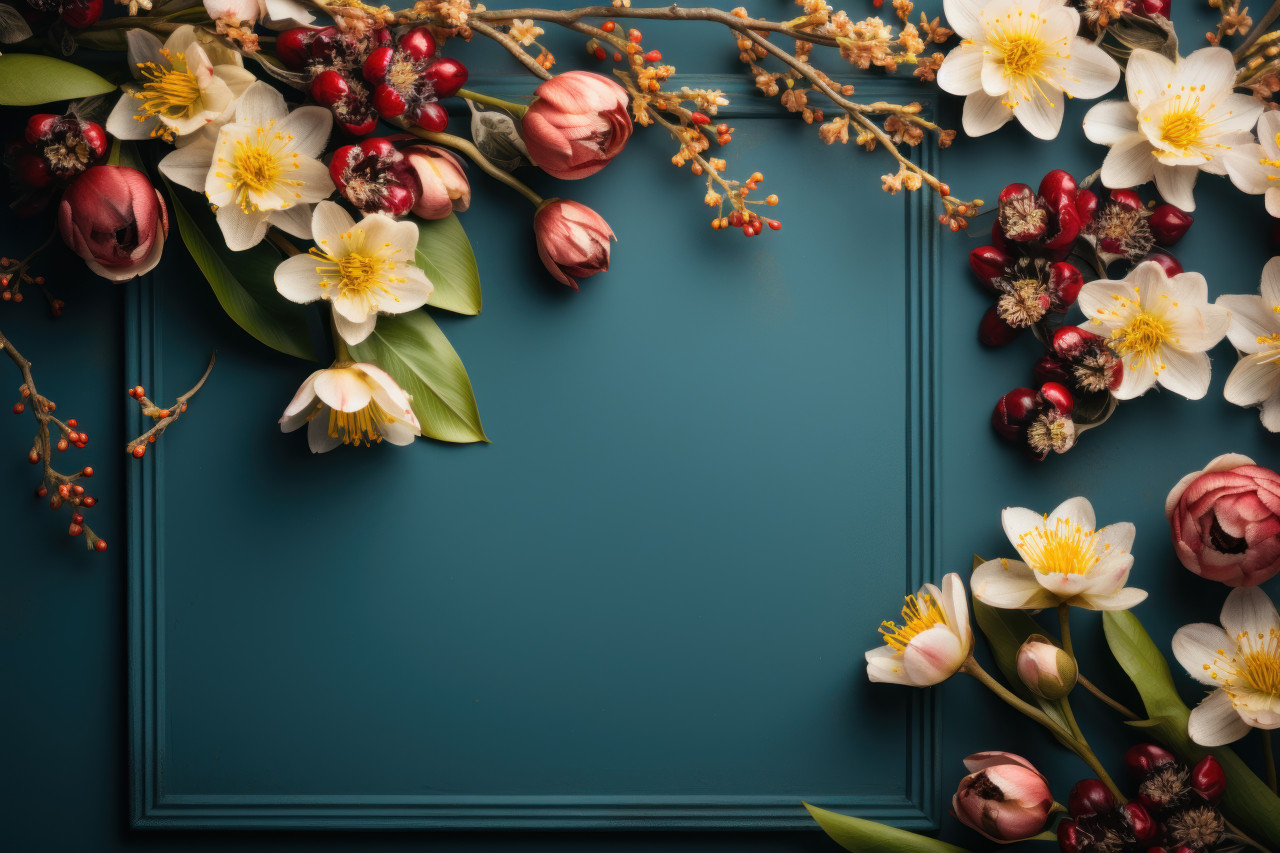 Brighten teacher day with flowers on a blue green chalkboard, educational picture