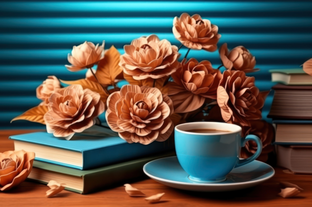 Blooms tea and books create a charming tableau on the table, educational picture
