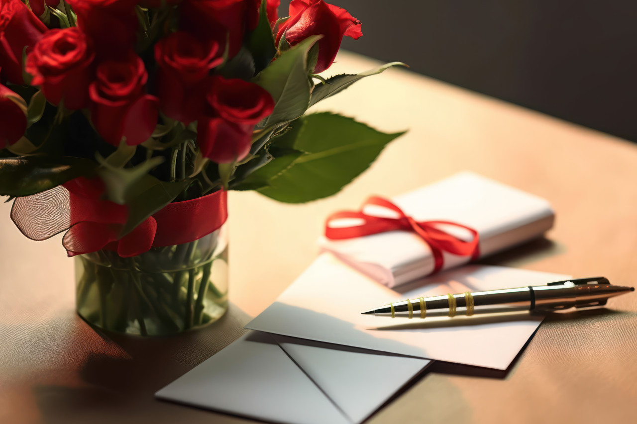 Bouquet blank envelope and pen arrangement, educational picture