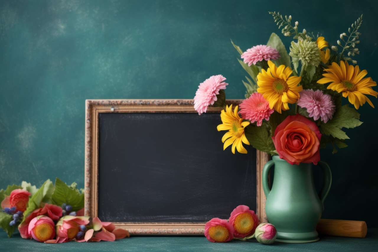 Colorful blossoms grace a green chalkboard in this close up view, educational picture