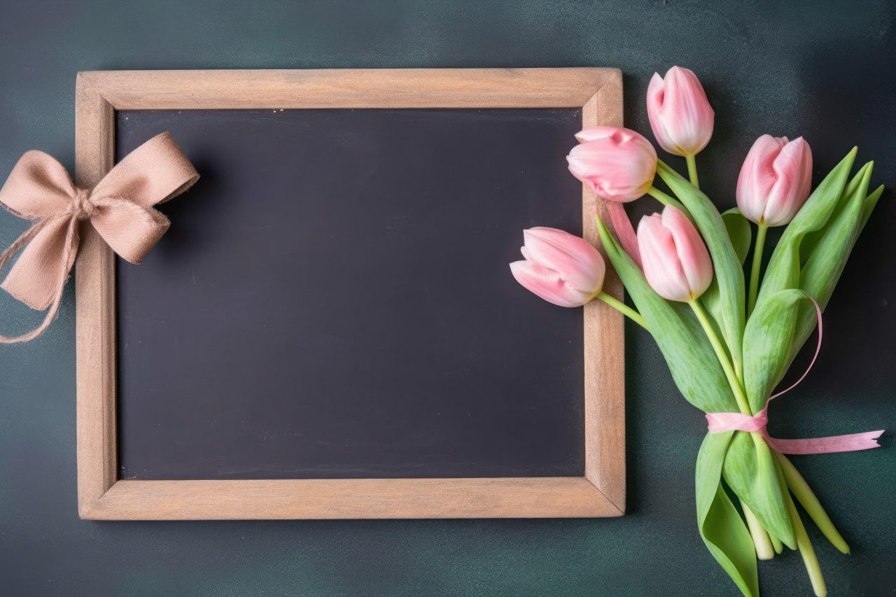 Tulip filled joy on a chalkboard with a delightful gift, educational picture
