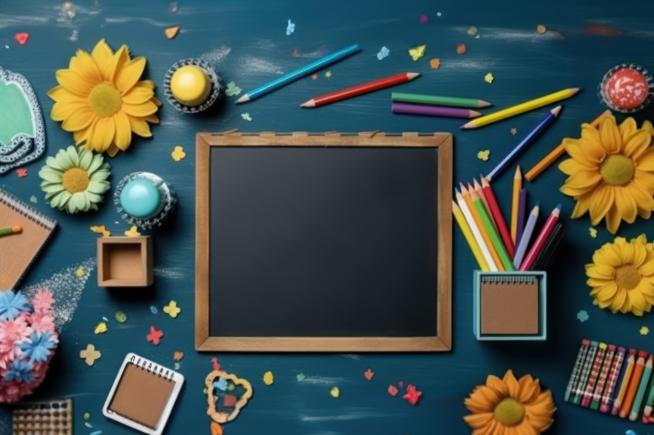 Back to school happiness with vibrant supplies and a cute flower chalkboard on a blue backdrop, educational picture