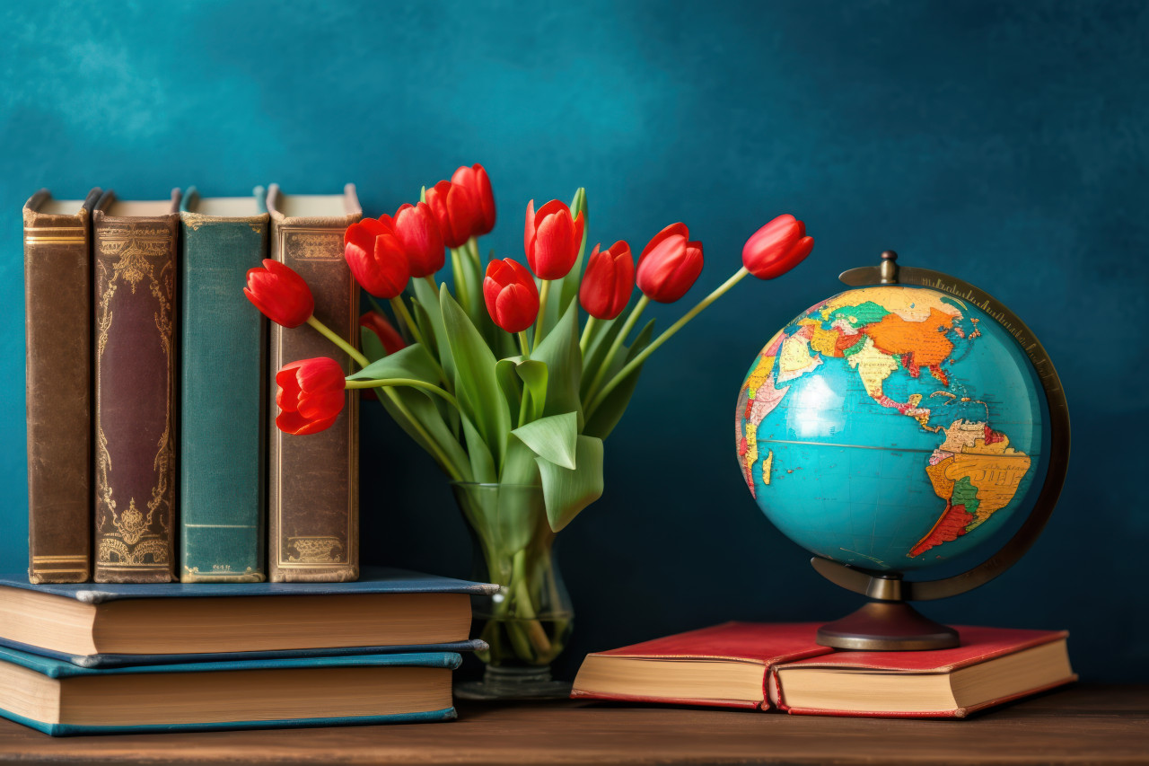 Explore the world with a book red tulips and a globe, educational picture