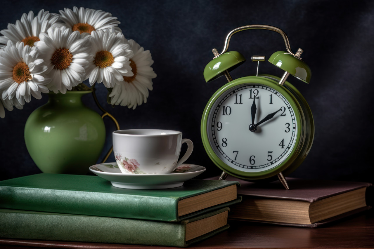 A book apple alarm clock and daisies arranged on a table, educational picture