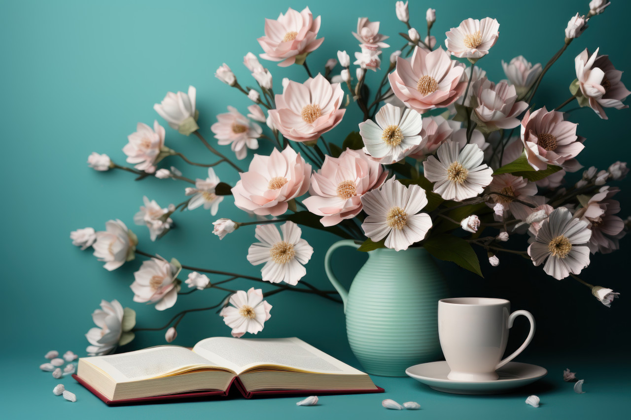 Colorful flowers and a notebook with happy teachers day written on it celebrating and appreciating educators with gratitude and love, educational picture