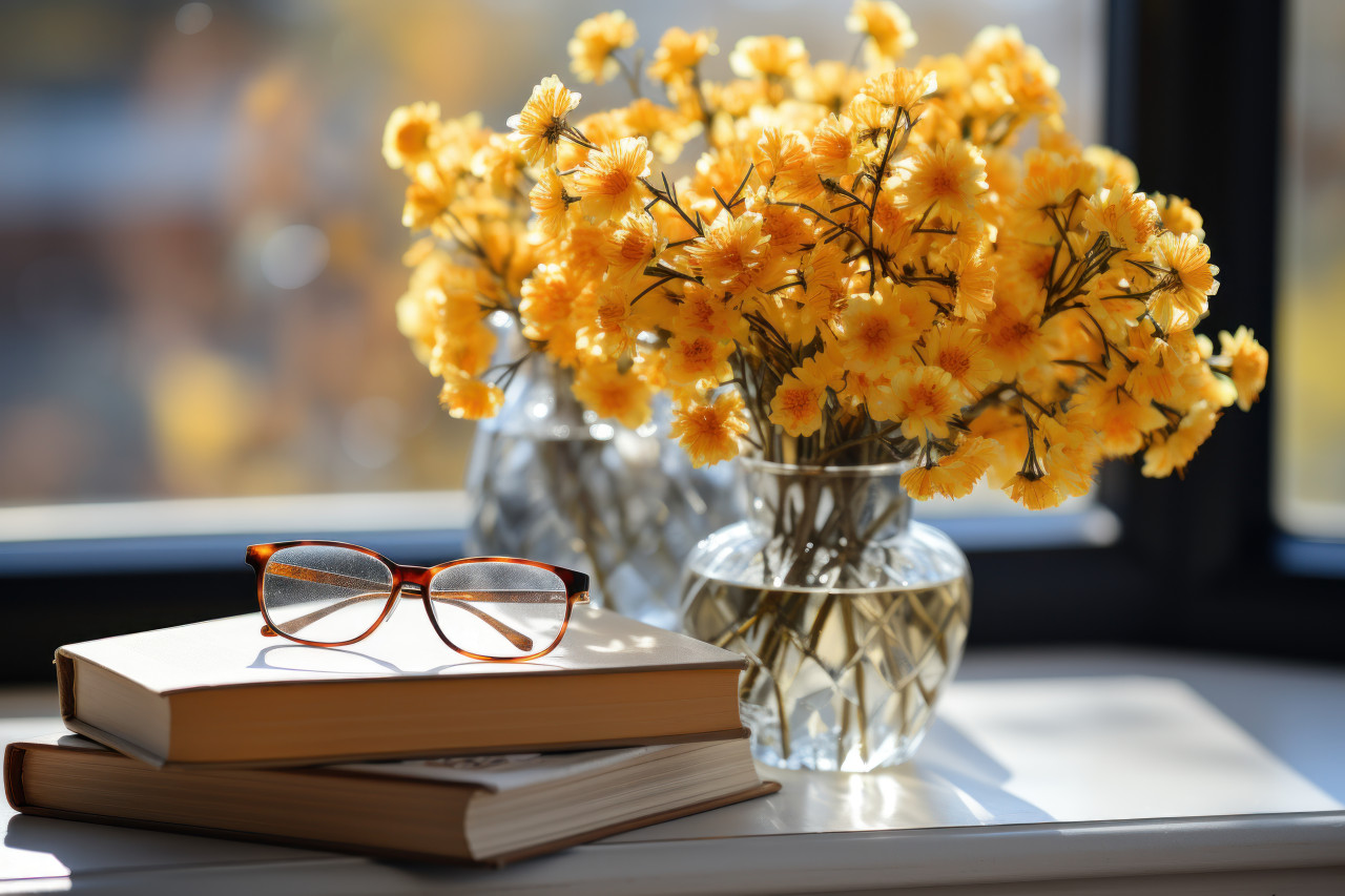 Glasses atop books yellow flowers in a vase against a white backdrop simple and elegant, educational picture