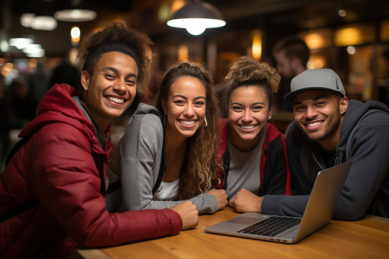 Students gathered around a table with a laptop collaborating on a project and engaging in teamwork, education pictures for website