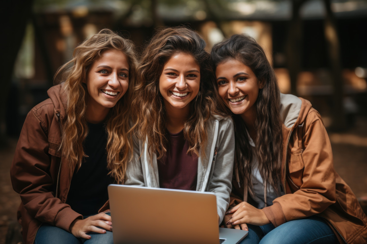 Girls engaged in outdoor learning sitting on the grass and using a laptop for fun and educational activities, educational photo