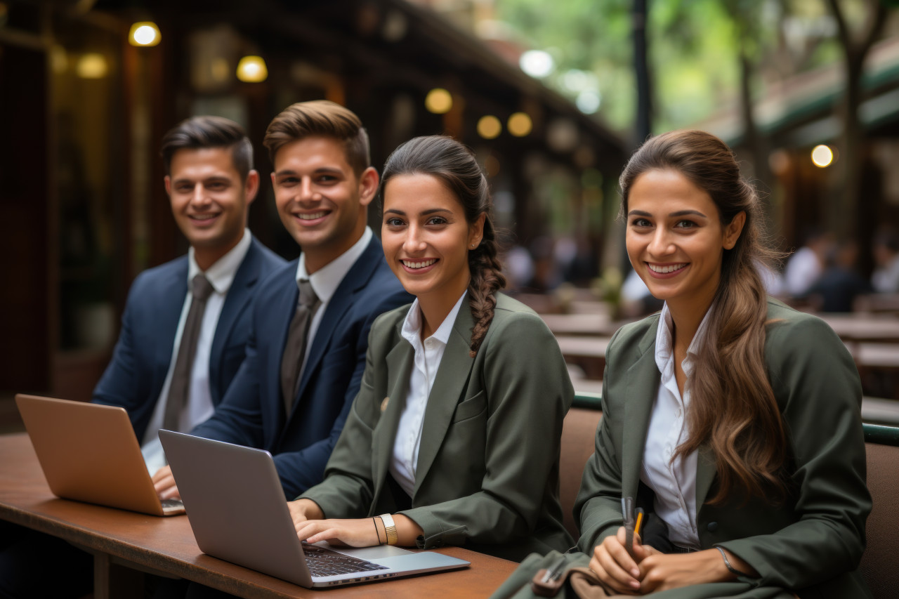 People in a group sitting together holding a laptop engaged in collaboration or enjoying a shared experience, educational photo