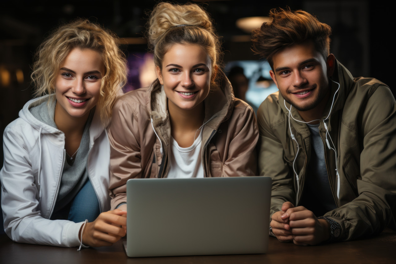 Group of young individuals sitting on a white canvas engrossed in using laptops for various activities, educational photo