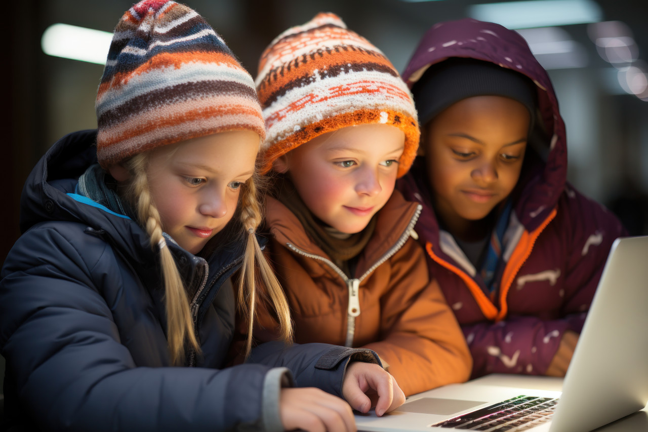 A group of four kids captivated by a laptop immersed in a shared experience of discovery and exploration showcasing the joy of youthful curiosity, educational photo