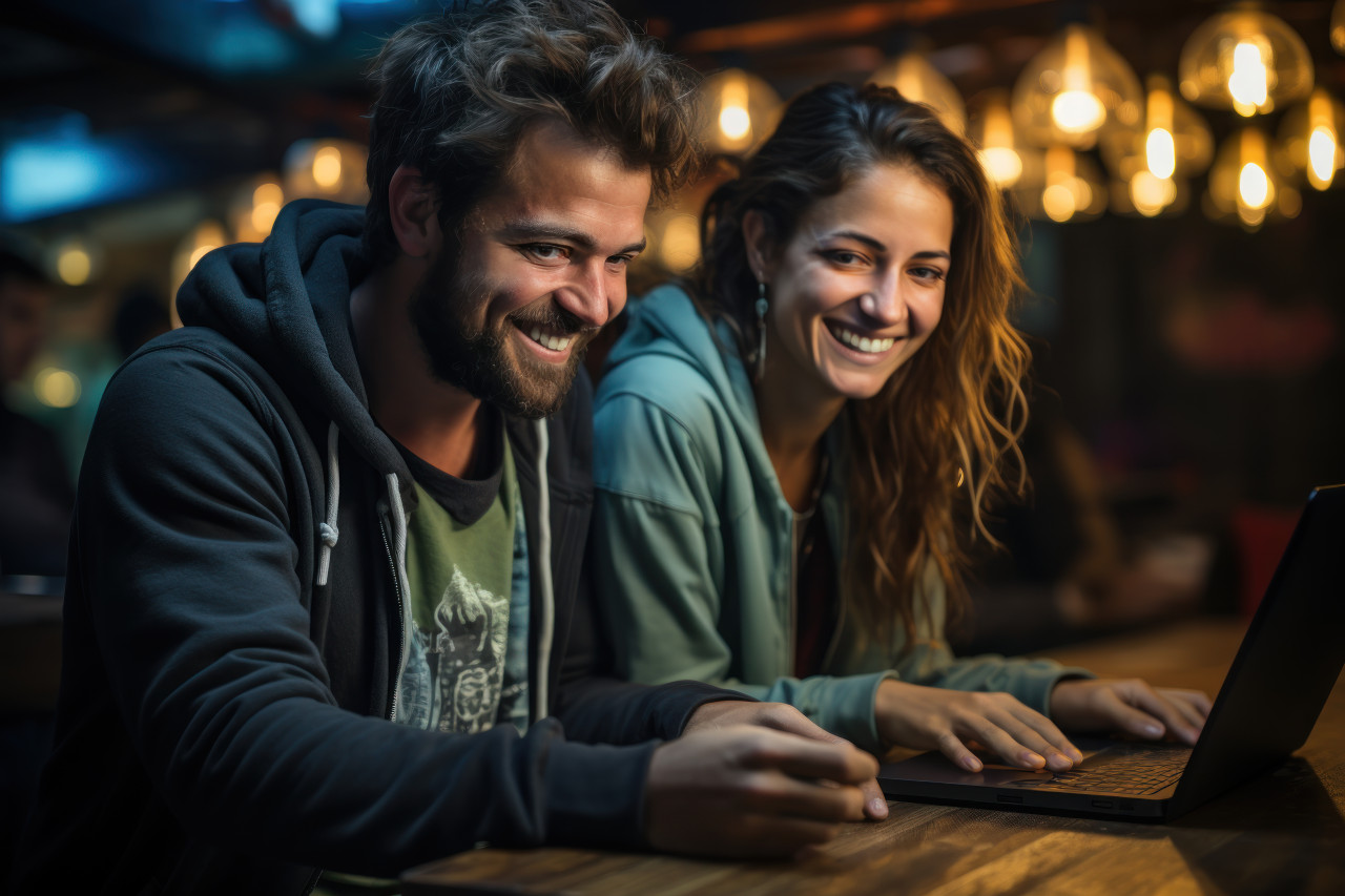 Pair examines computers together in a classroom setting, educational photo