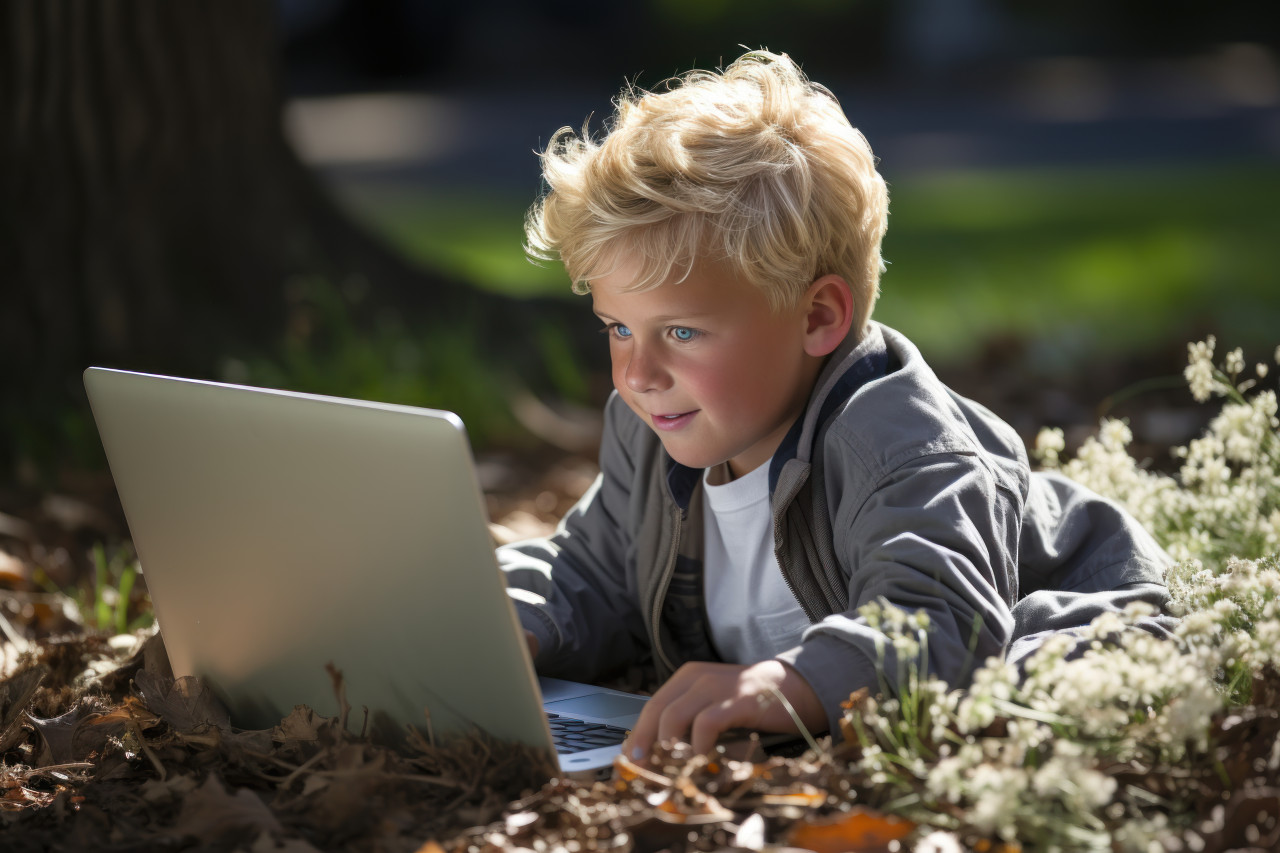 Boy lying on grass engrossed with a laptop, educational picture