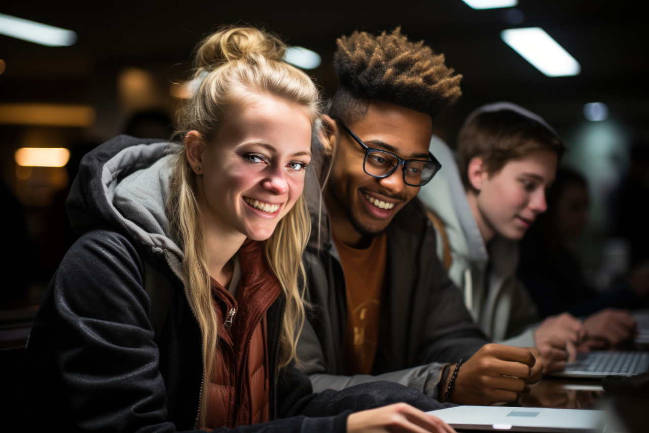 Group of students gathered around a table engaged in studying browsing a laptop for information on a school project, education pictures for website