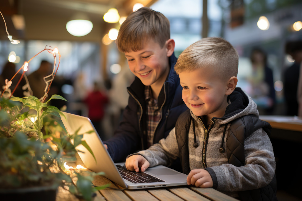 Youngsters using laptops engrossed in an entertaining animation for an engaging learning session, educational picture