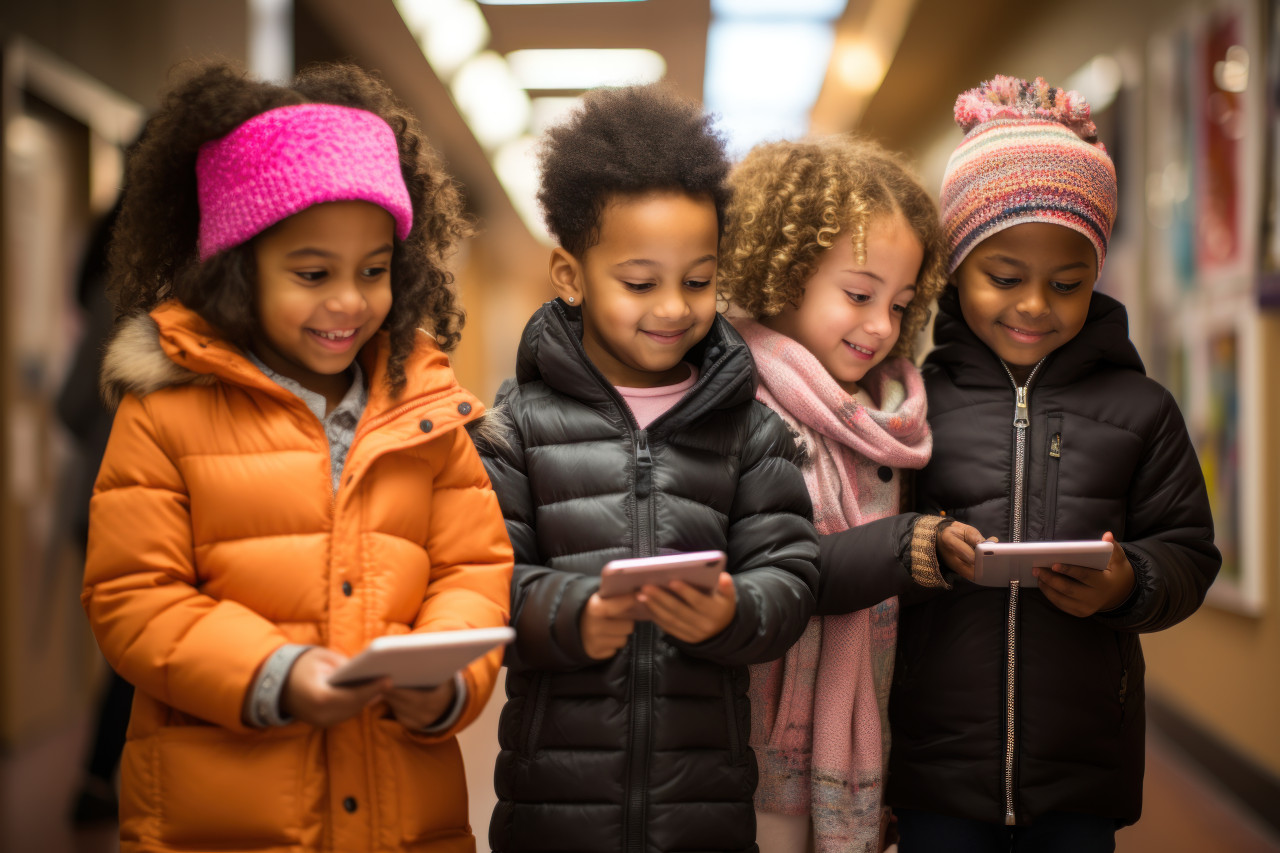 Children in a hallway captivated by a tablet discovering and sharing digital wonders in a group setting, education pictures for website