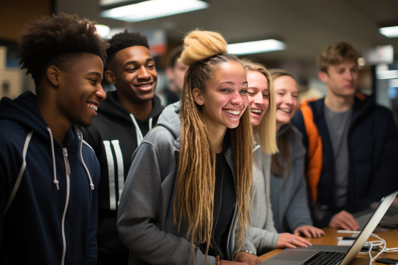Young learners around laptop in classroom exploring educational content together for an interactive study session, educational picture