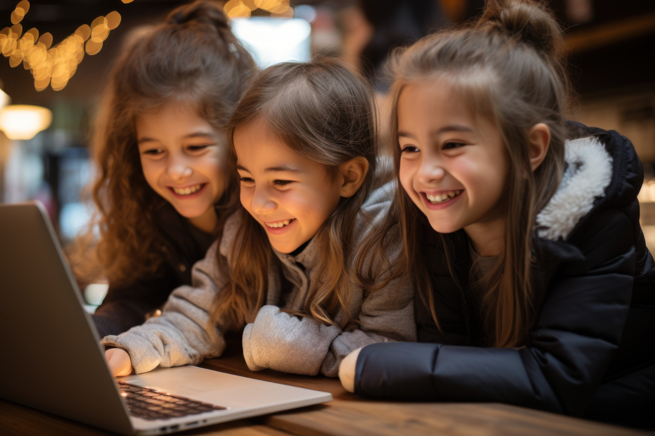 Children laying down captivated by a laptop discovering and learning collaboratively in a cozy shared space, education pictures for website