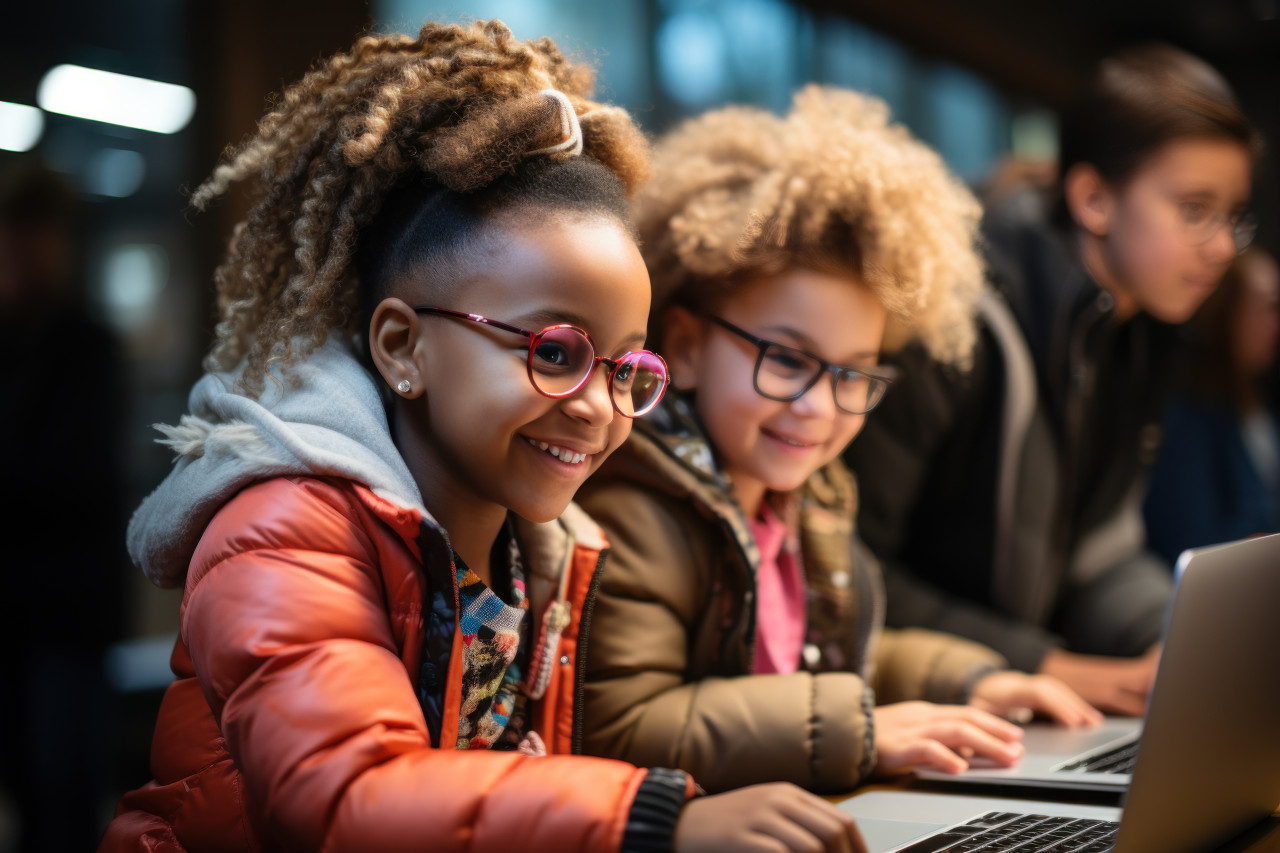 Group of children engaged peering at a laptop screen captivated by shared digital exploration, educational photo