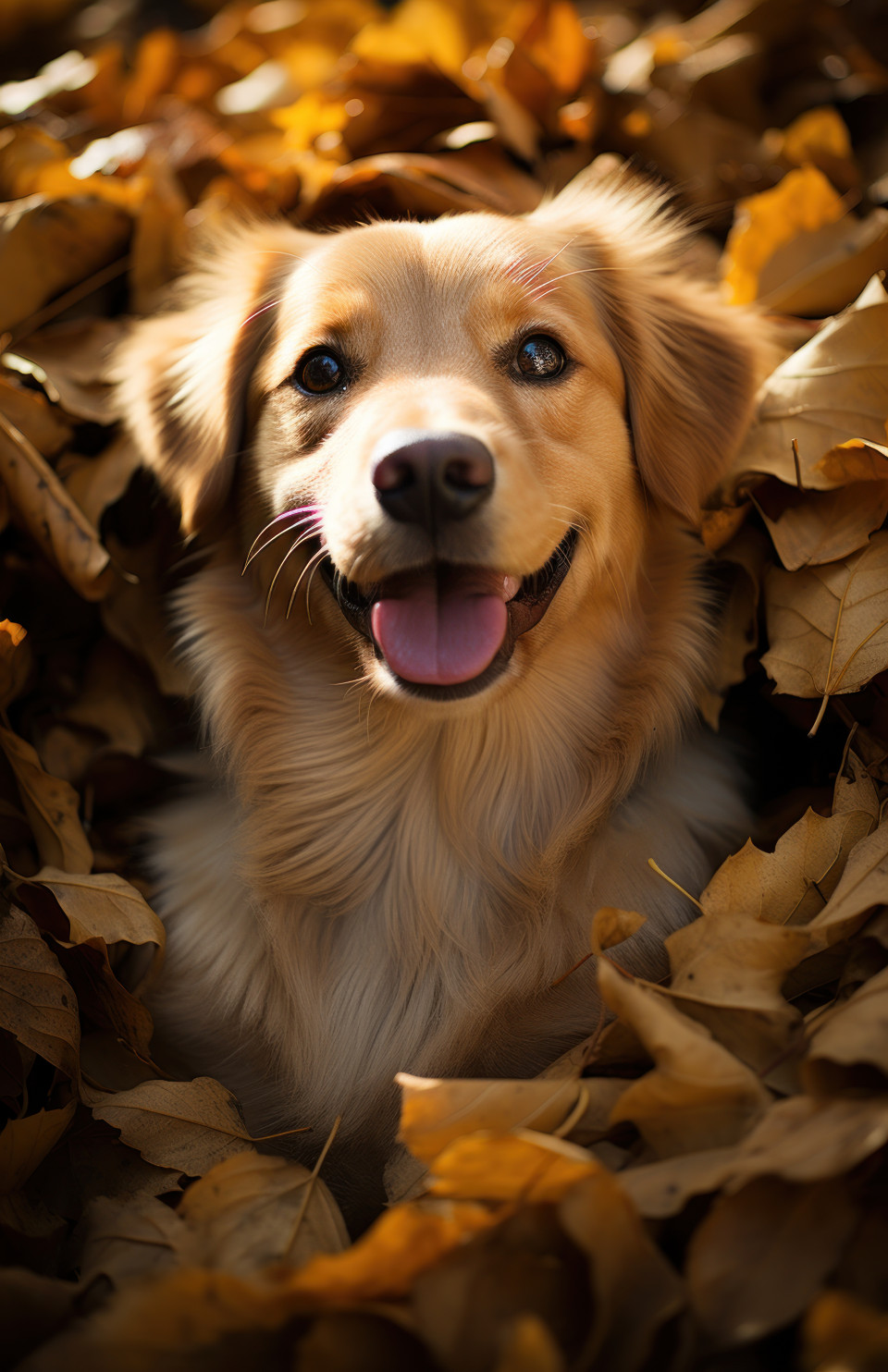 A dog sitting in pile of leaves, animal photography pics