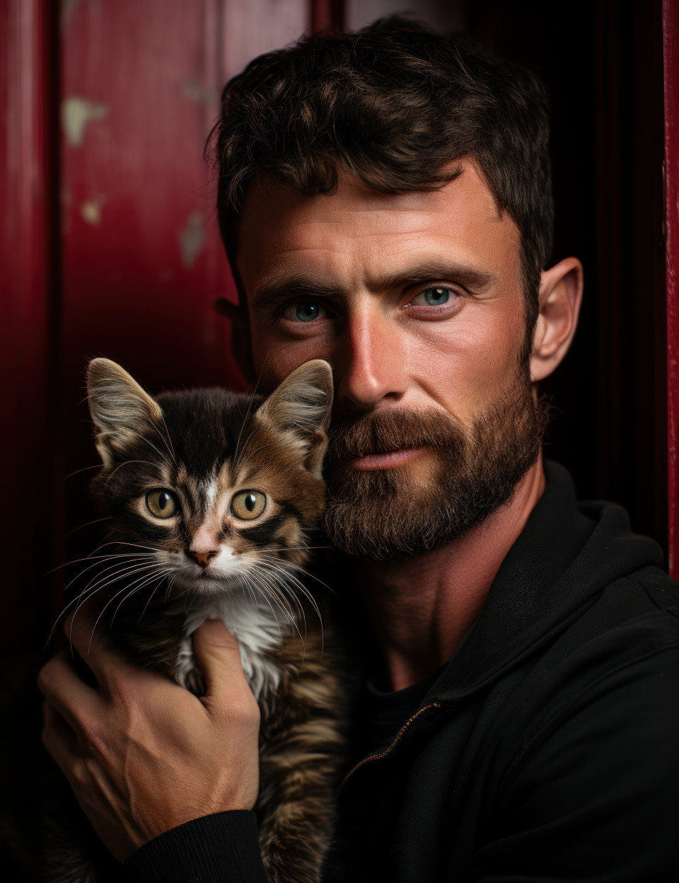 A man holding a cute cat in a photo, cute domestic pet image