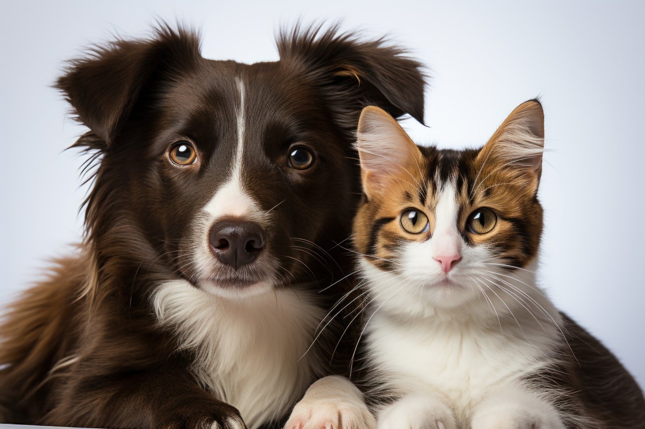Puppy and kitten sitting on white background, cute domestic pet image