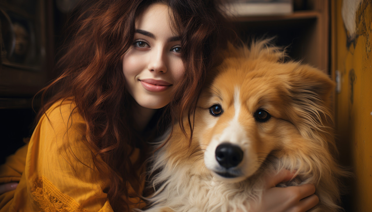 A girl hugs an adorable dog with love and happiness, cute domestic pet image
