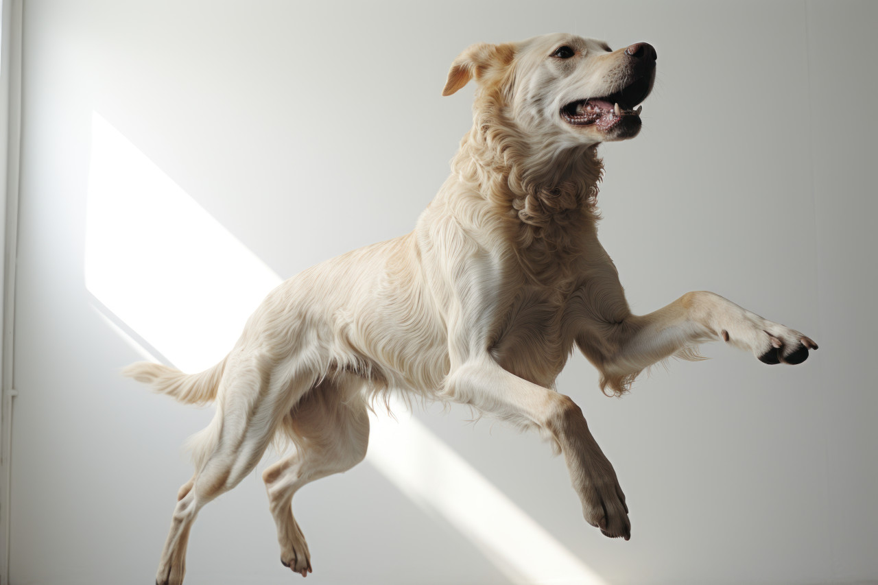 Dog running in air on white background, cute domestic pet image