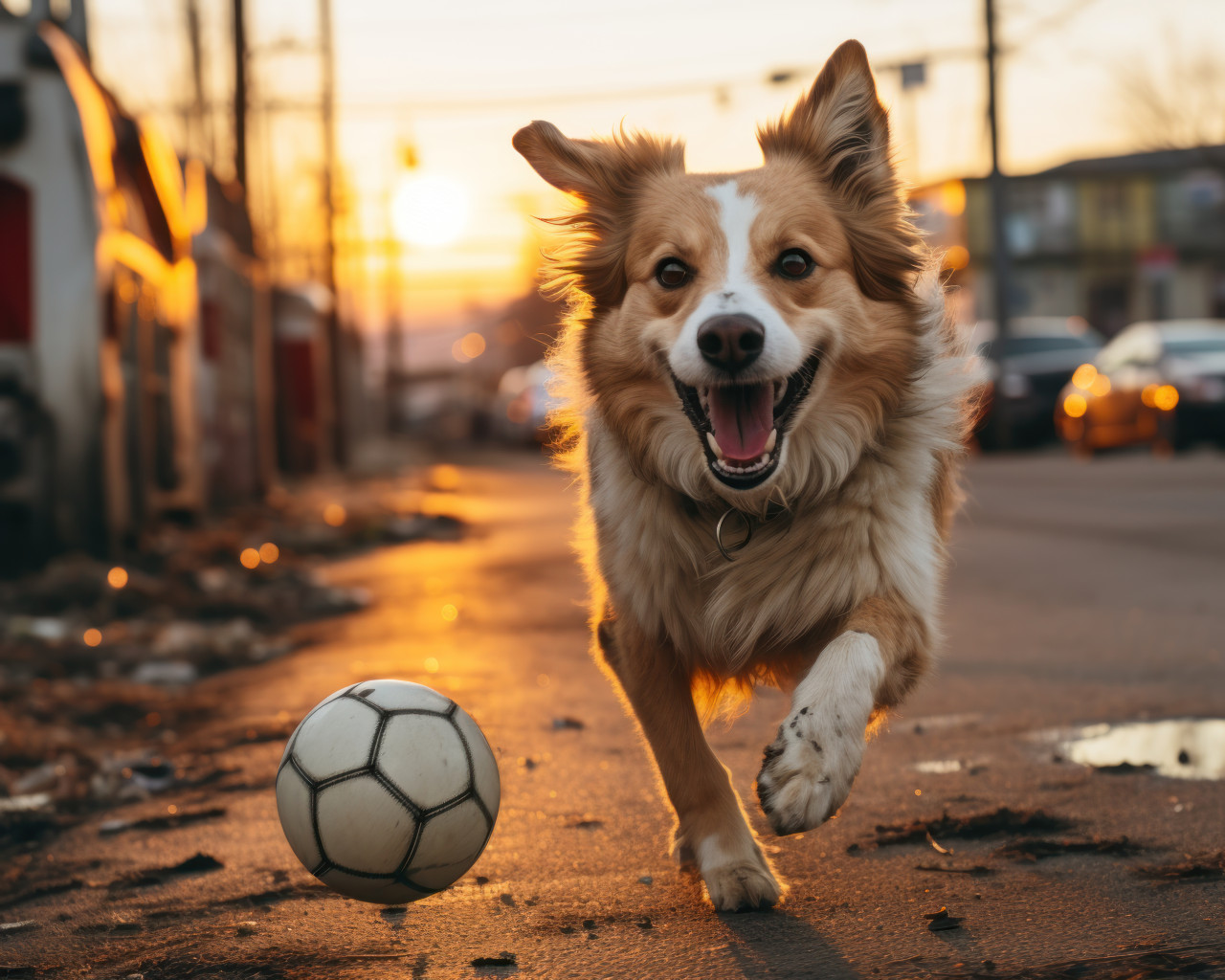 Dog joyfully runs with a soccer ball at sunset, animal photography pics