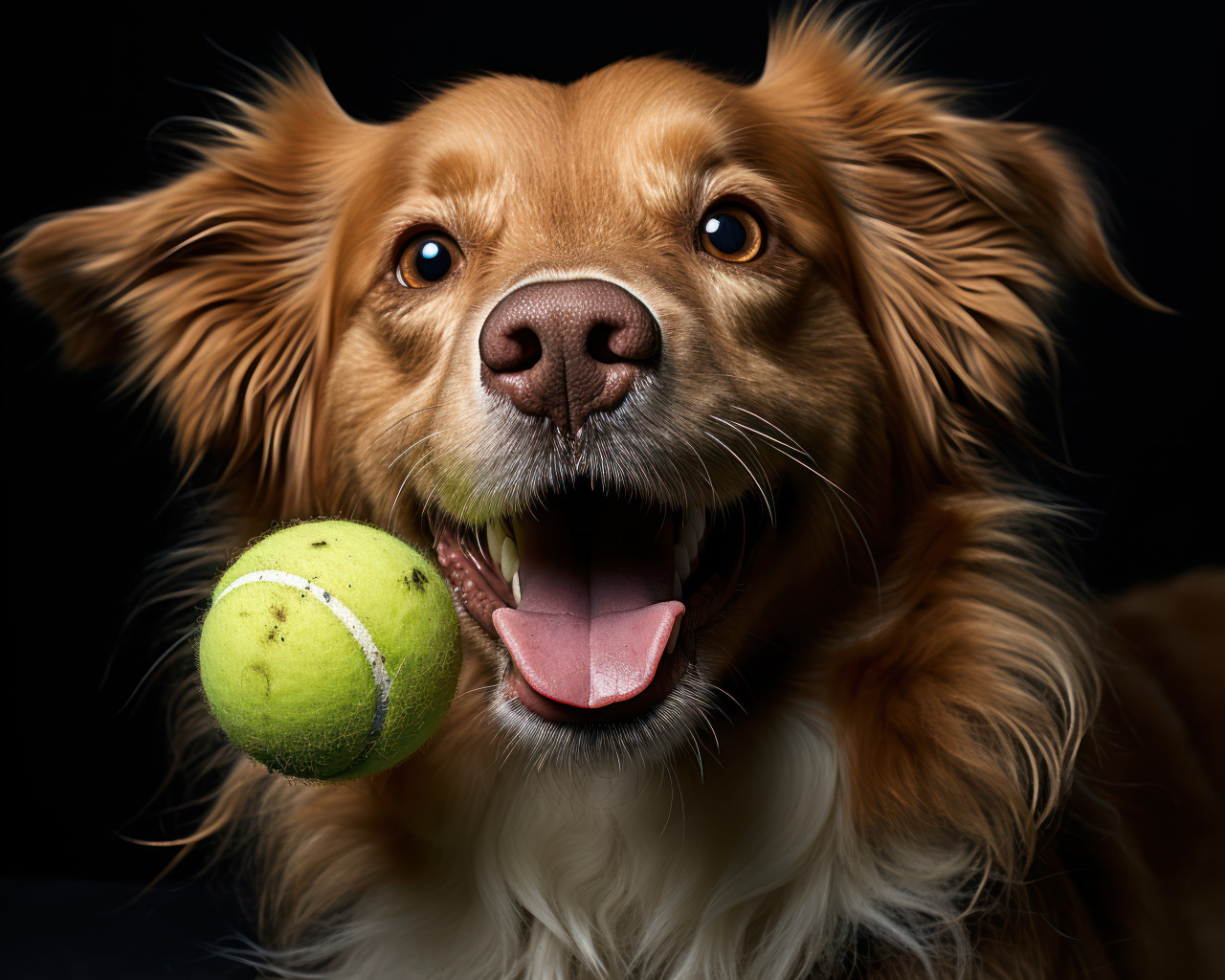 Dog happily holding tennis ball in mouth, animal photography pics