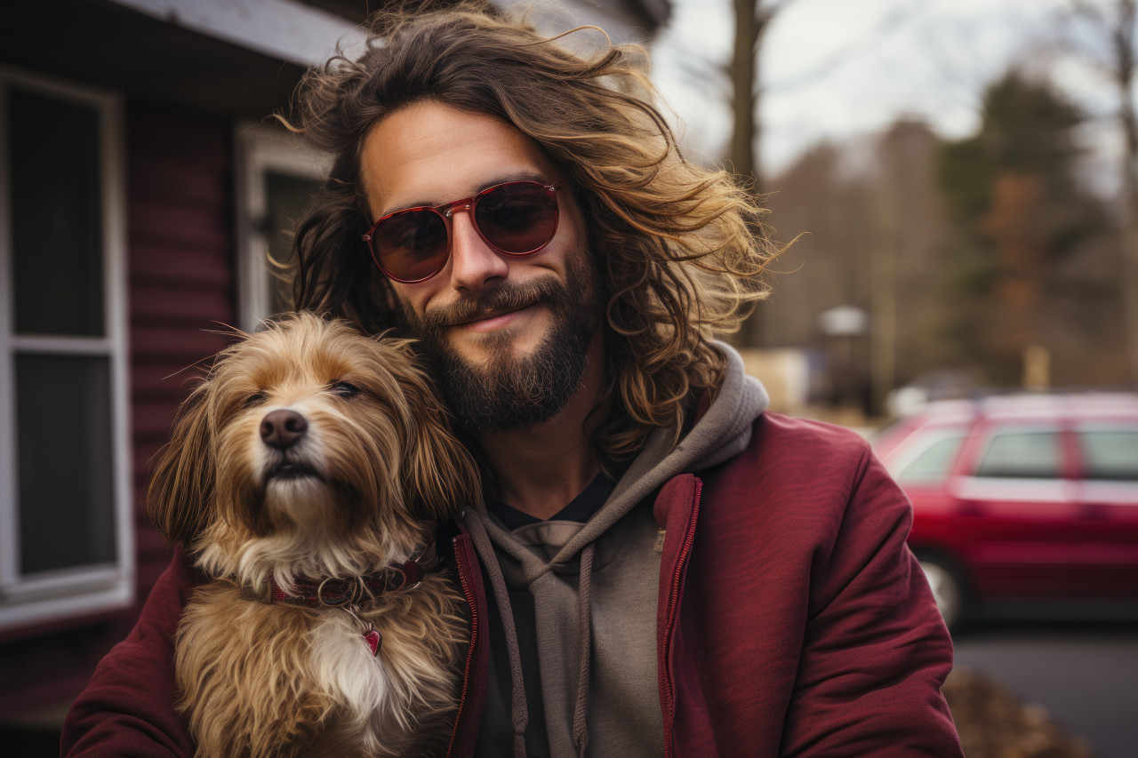 Bearded man holding a dog in his arms, animal photography pics