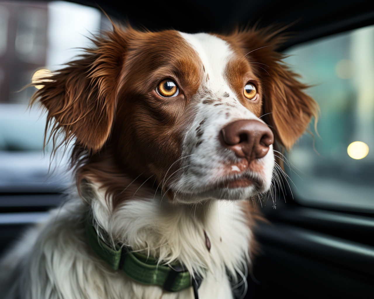 A dog looks happily out car window, cute domestic pet image