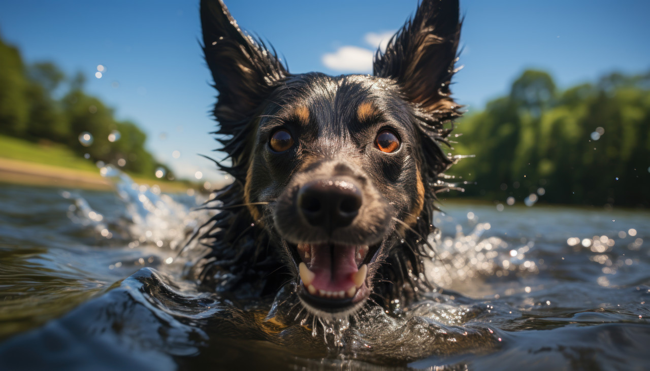 A black dog happily swimming and splashing in a lake, cute domestic pet image