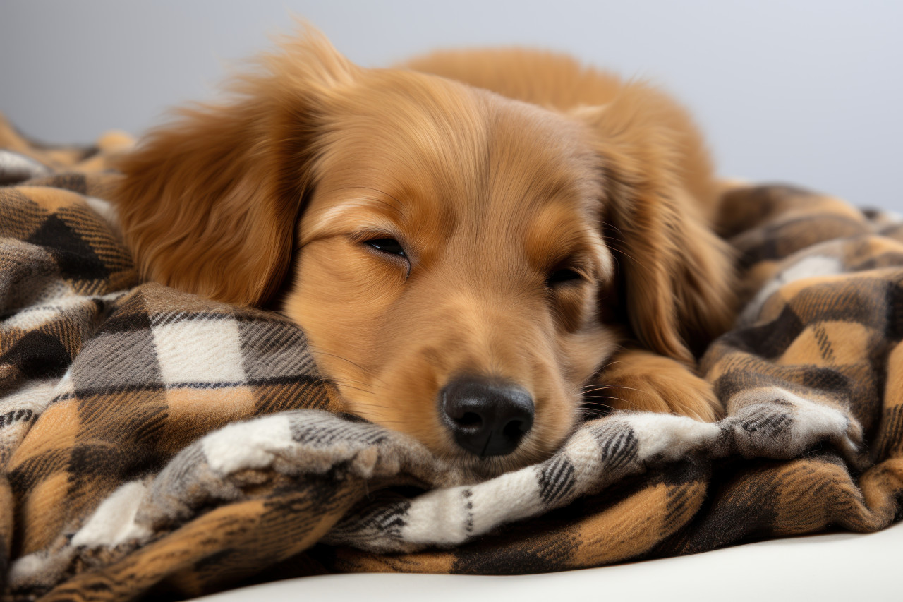 Puppy sleeping peacefully on a blanket against a white background, animal photography pics
