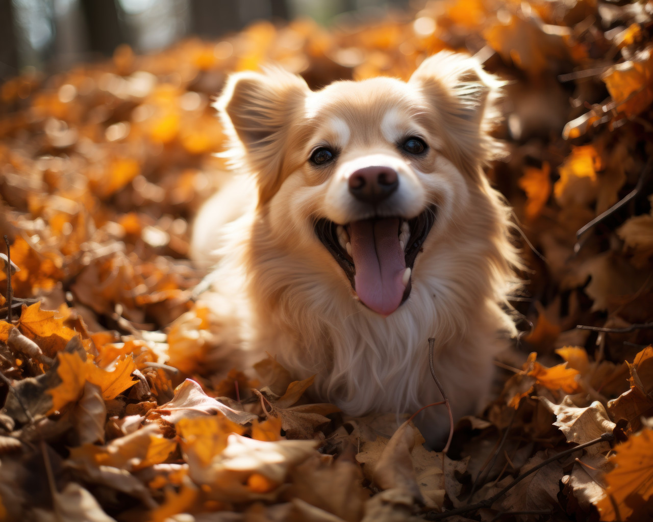 Dog happily playing in leaf piles mouth wide open, cute domestic pet image