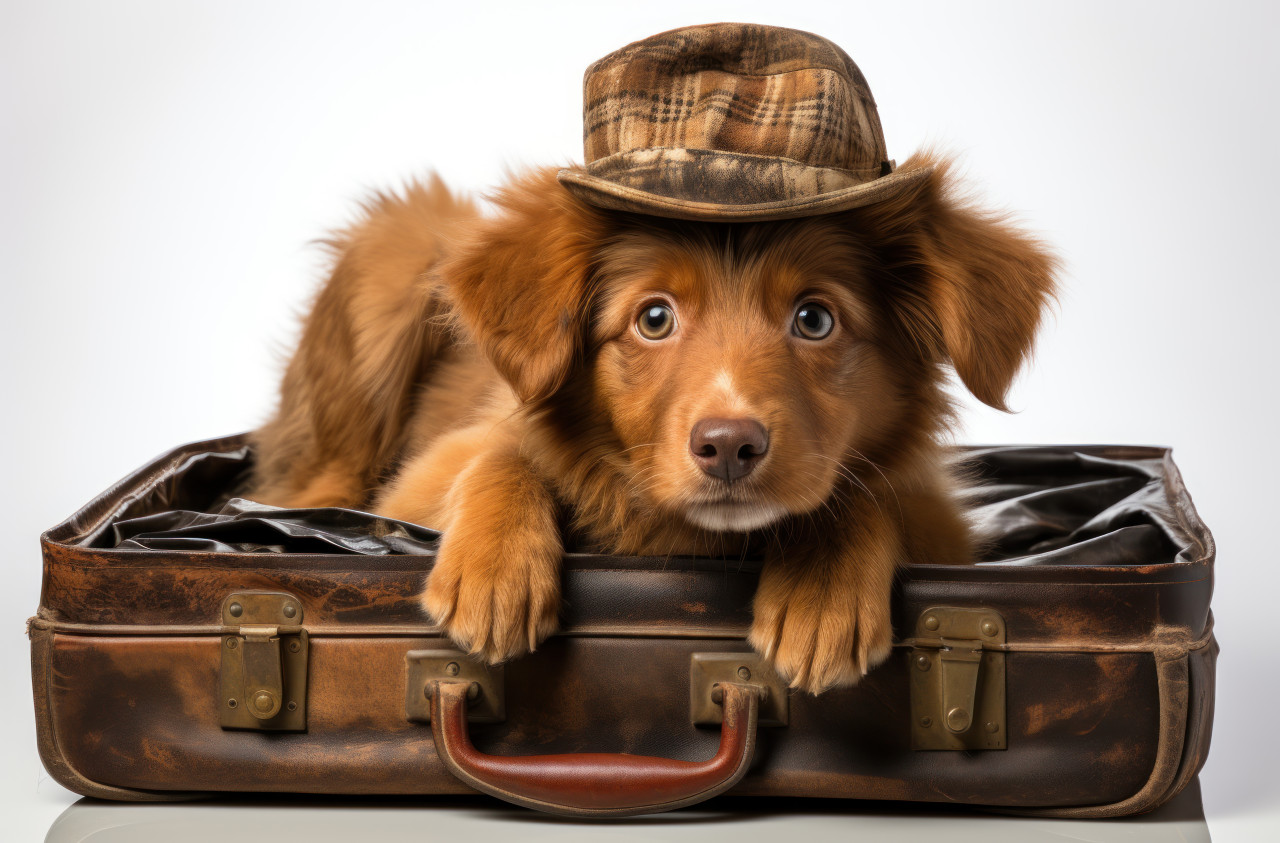 Dog in hat with suitcase on white background, animal photography pics
