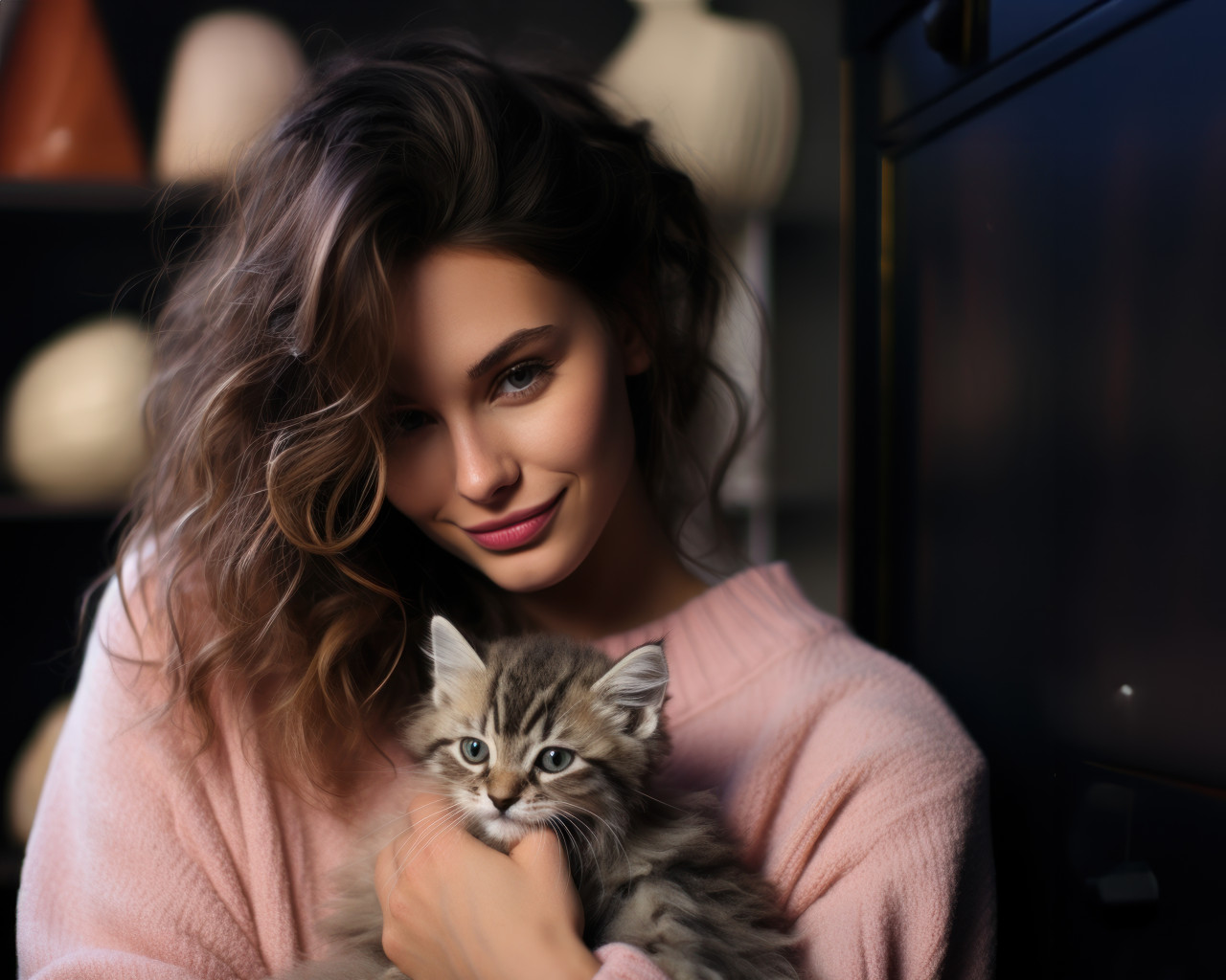 Girl holds tabby kitten gently in hands showcasing love and companionship, cute domestic pet image