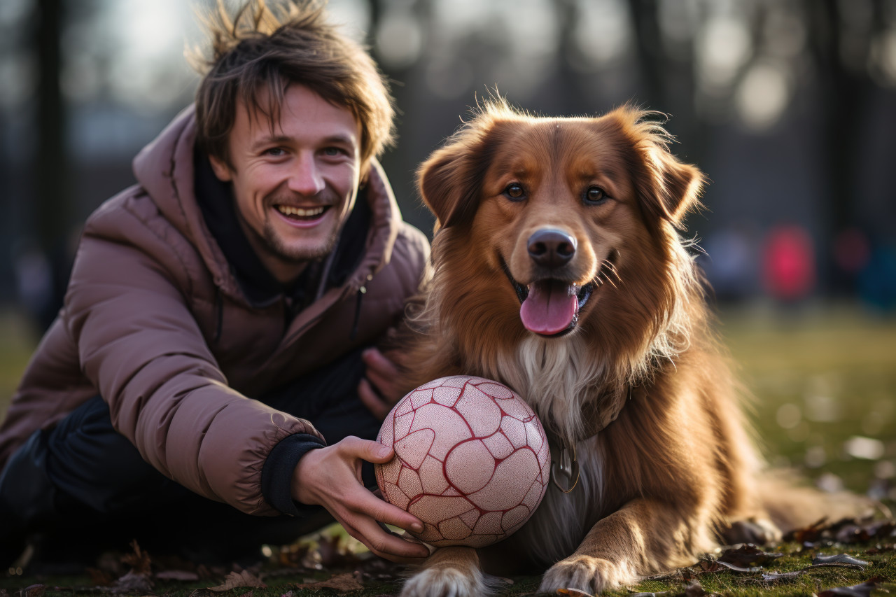 Happy people and dog playing at park with a ball, cute domestic pet image