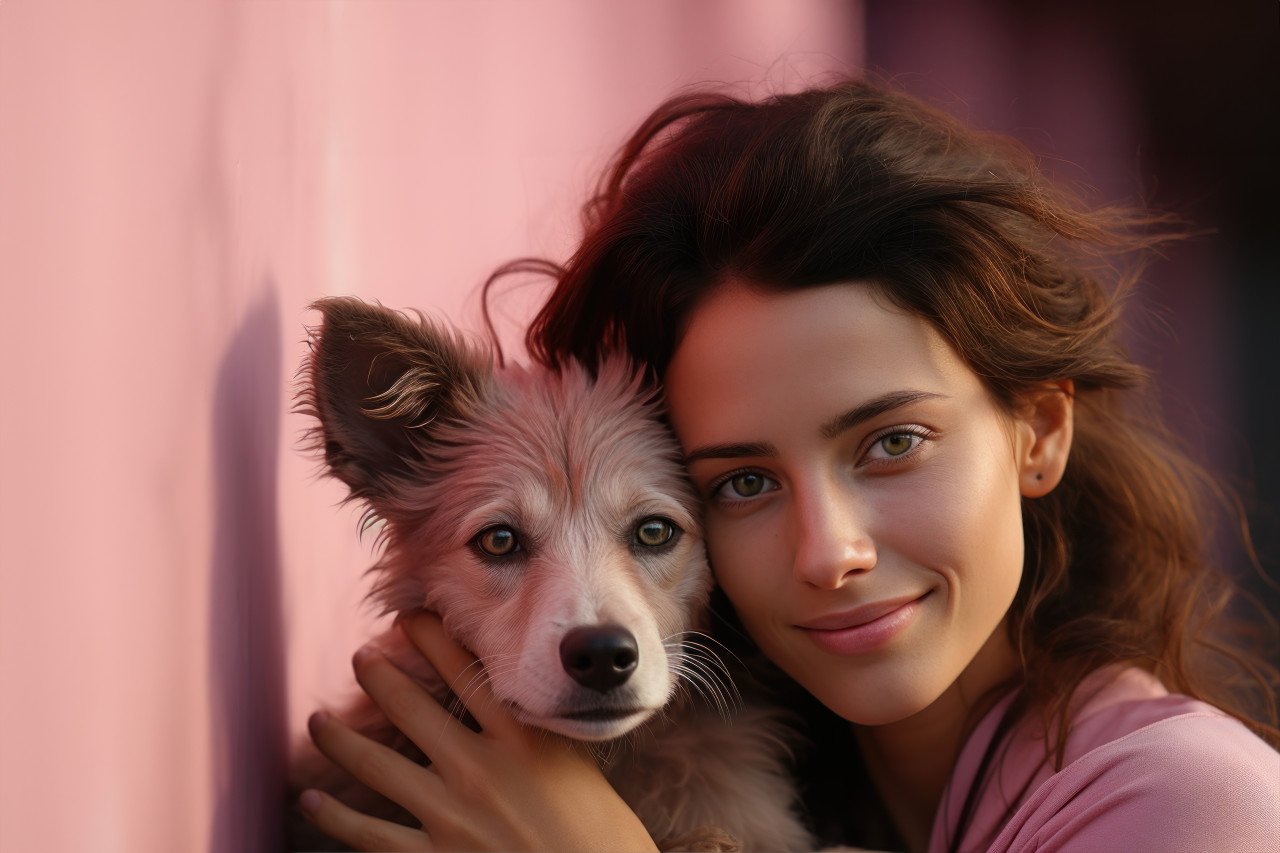 Person joyfully hugs dog by the pink wall, animal photography pics