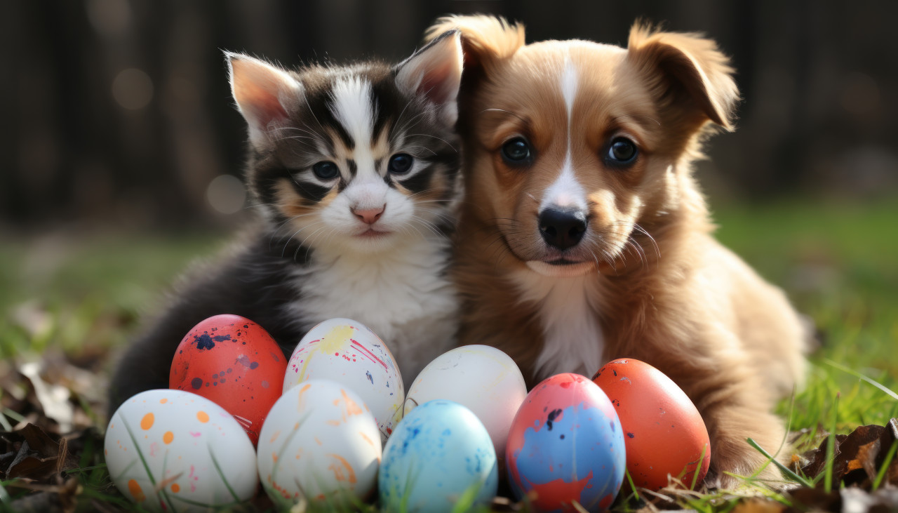 Cute kitten and puppy playing on grass with vibrant easter eggs beside them, cute domestic pet image
