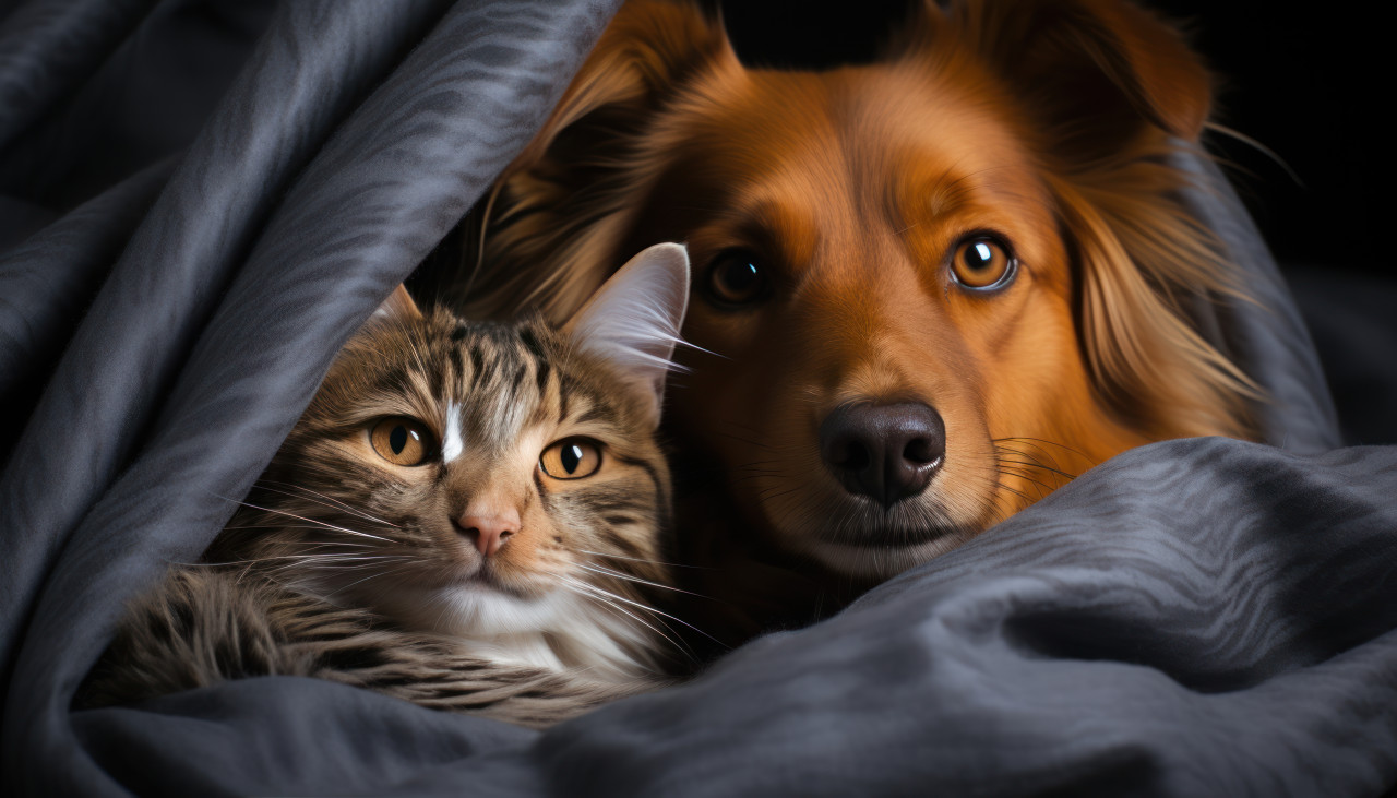 Cute cat and dog snuggle against dark backdrop, animal photography pics