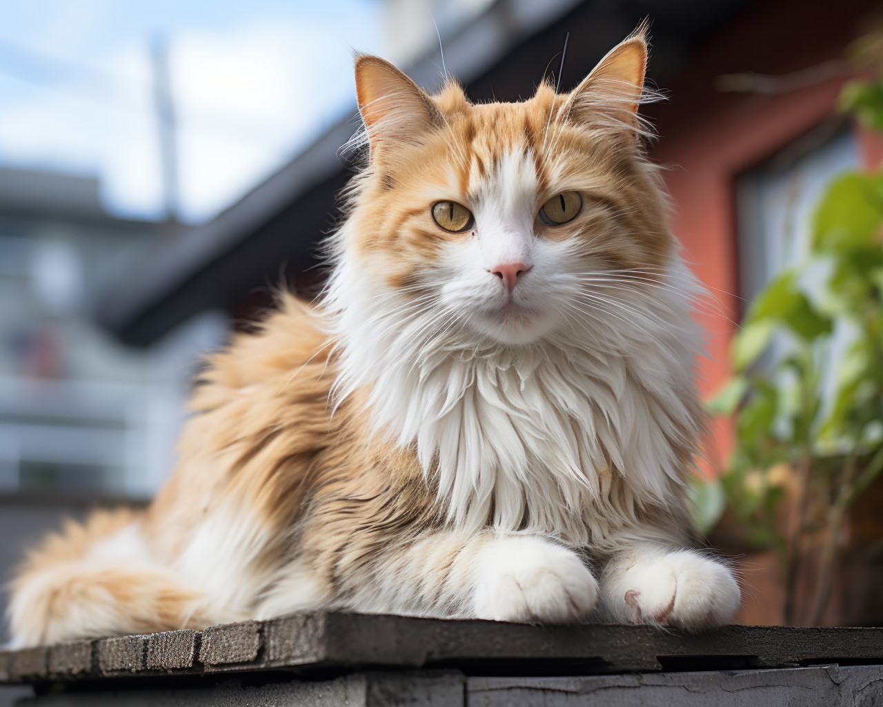 Cat sitting by wall observing surroundings in a calm and curious manner, animal photography pics