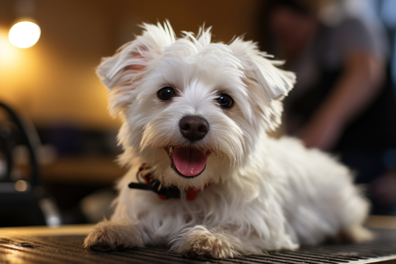 Small white dog groomed with clippers fur trimming in a pet salon, cute domestic pet image